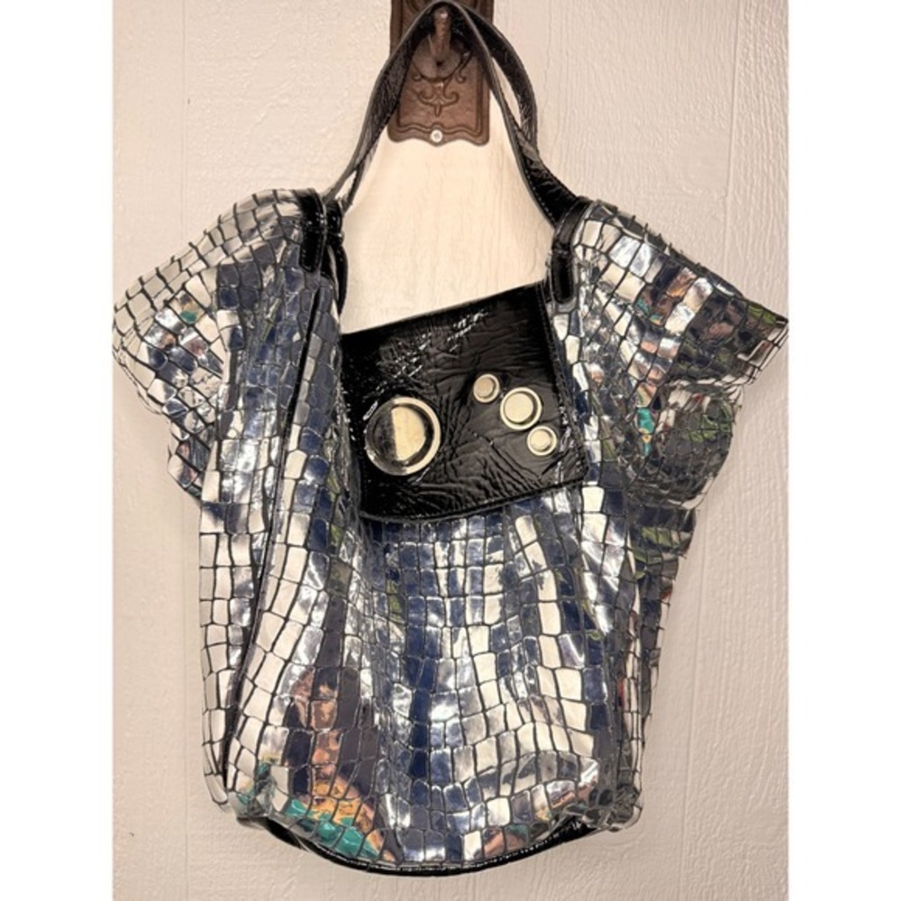 GUSTTO Silver Metallic Croc Embossed Leather Hobo Bag Black Patent Trim Large